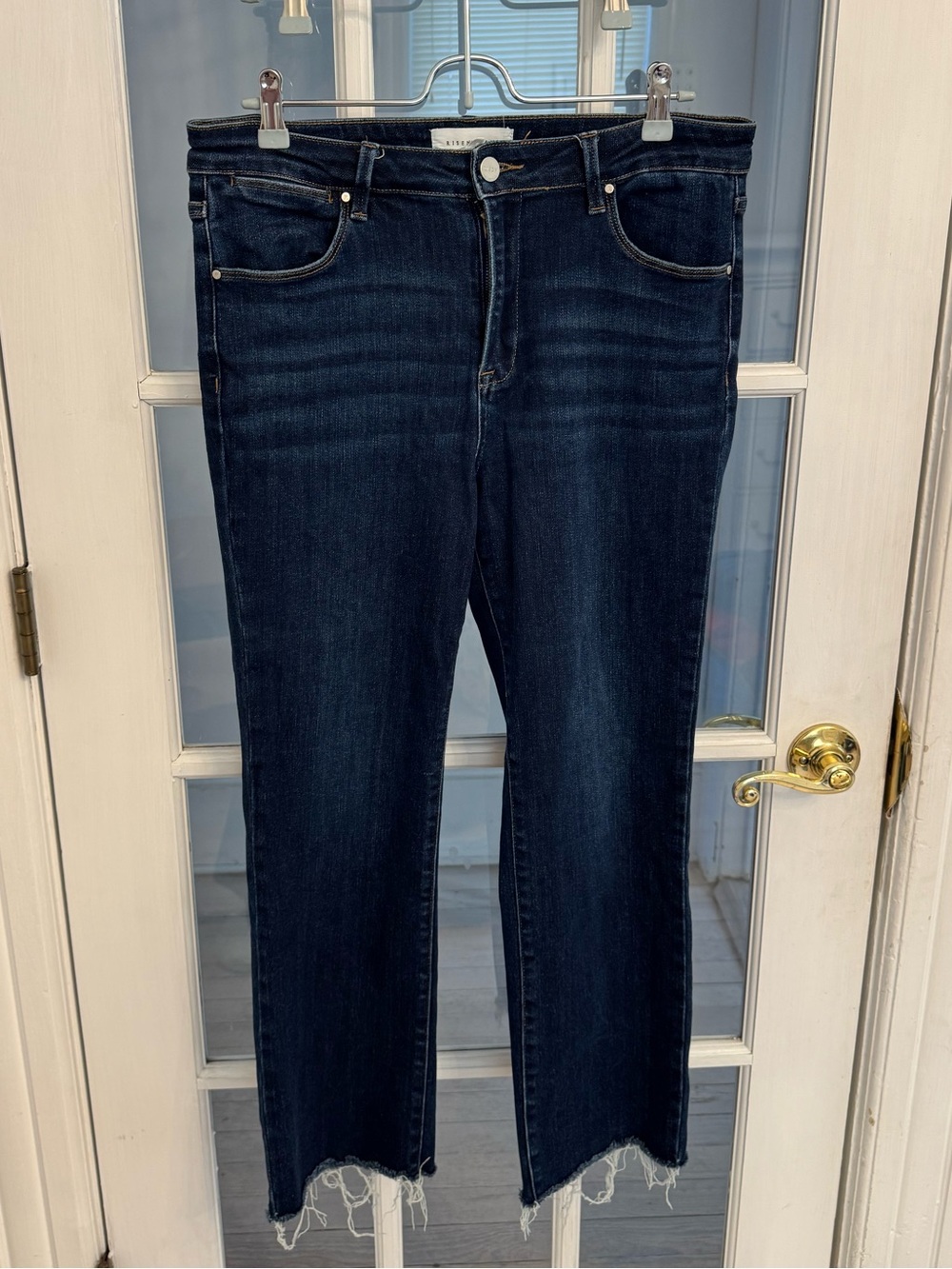 RISEN JEANS Women’s Dark Wash Poppy Mid Rise Straight Leg Frayed Ankle Jeans